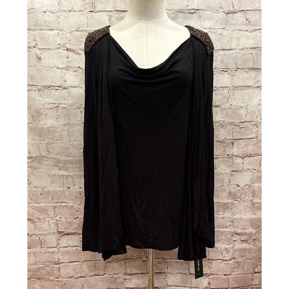 Style & Co Womens Black Knit Blouse Drape Front Layered Metallic Sequin Size M